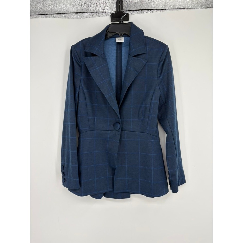 Cabi Blazer Womens 6 Navy Blue Windowpane Plaid Single Button Peplum Style 5475